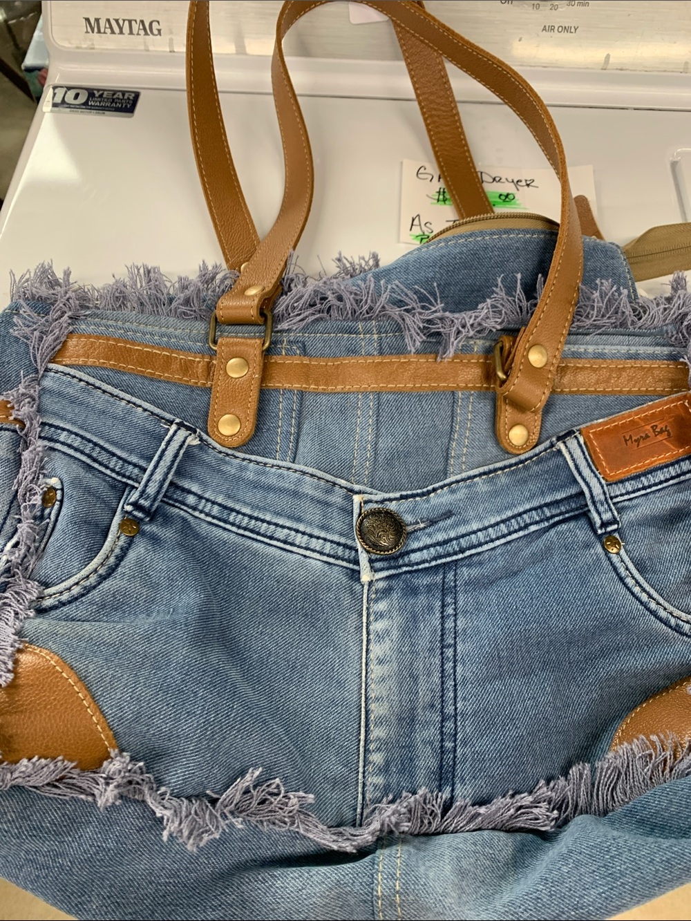 Denim Fringe Tote Bag with Tan Trim